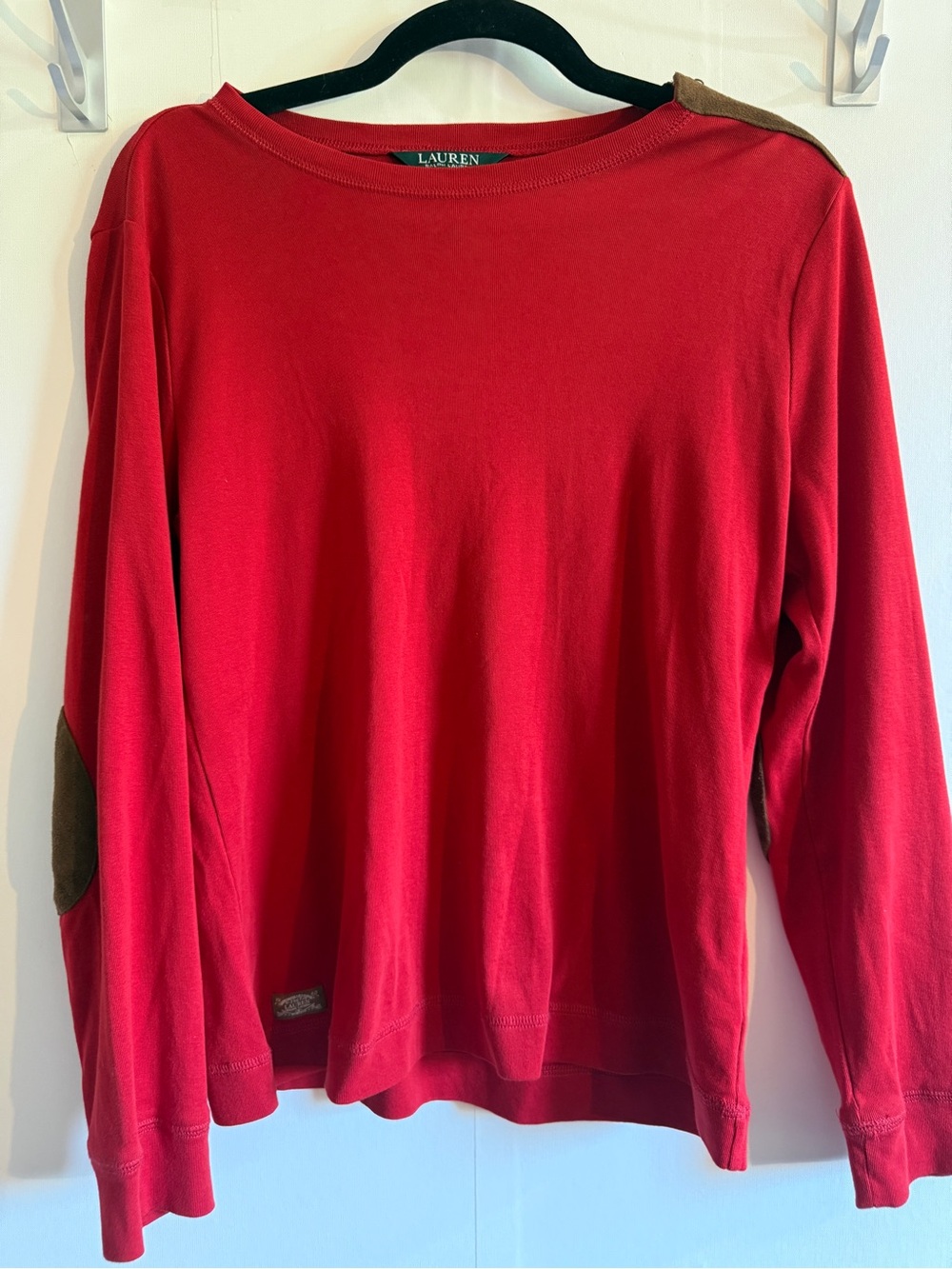 Lauren Ralph Lauren Red Cotton Pullover XL Suede Elbow Patch Shoulder Zip